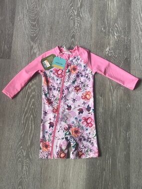 Girls' Pink Floral Long-Sleeve Zip One-Piece Rashguard